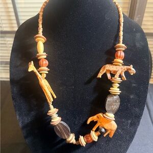 Hand-Carved Animal Wood Bead Necklace - Brown